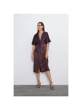 Zara Brown Satin Sheen Dress With Knotted Detail & Deep V-Neckline